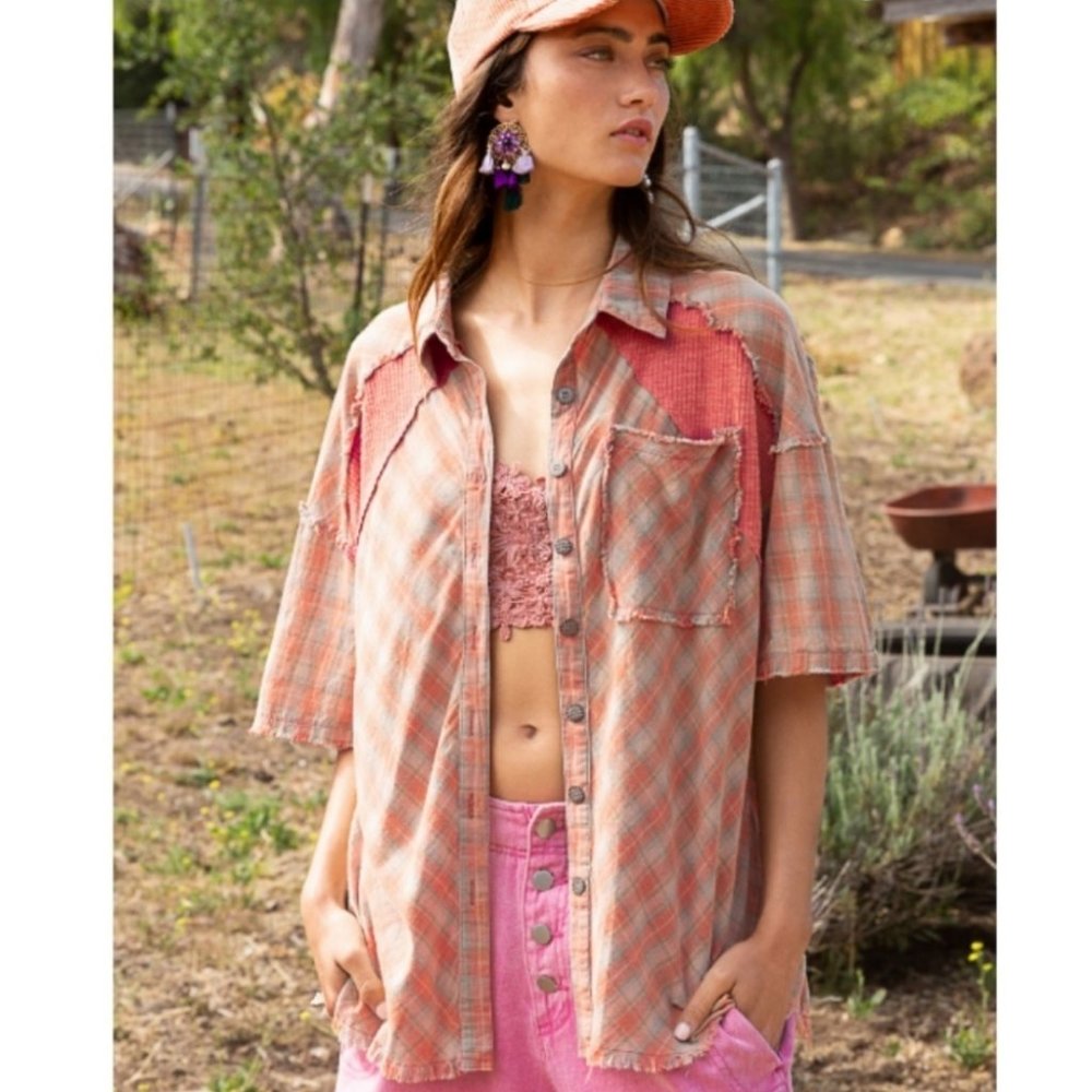 48337 POL Plaid Spliced Shirt